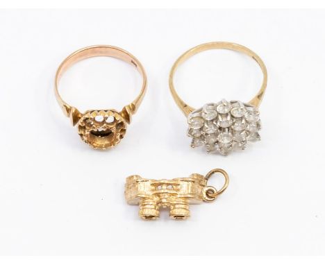 A 9ct gold and paste set flower cluster ring, size R1/2, along with a 9ct gold ring mount, size O, (modifications) and a 9ct 