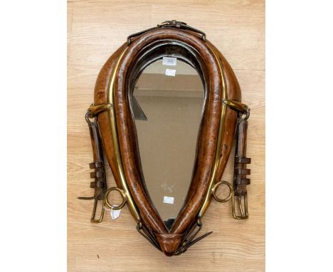 A 20th century Hames Leather Horse Collar, wall mirror, brown leather with brasswork