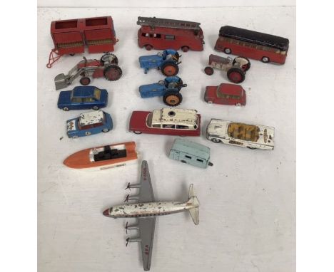 A collection of Corgi and Dinky playworn toys, including plane, tractors, bus, cars, fire engine, Chipperfields Polar Bears, 