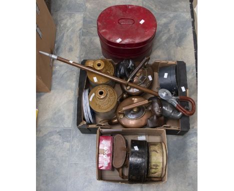 A collection of items to include stone ware beer bottles, Derby interest copper kettles, pewter hunting stick, tins, African 