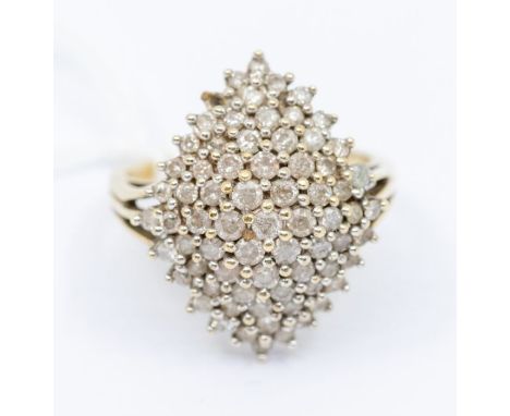 A diamond and 9ct gold cluster ring, comprising a diamond shaped cluster with claw set round brilliant cut diamonds, size Q 1