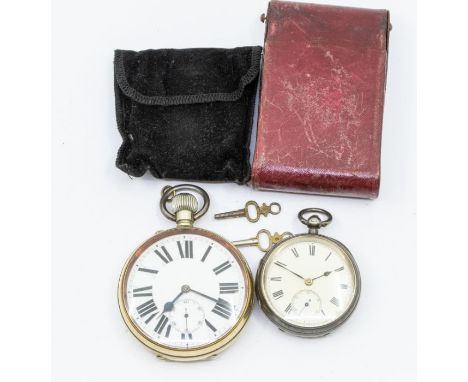 A Goliath white metal open faced pocket watch, white enamel dial, approx 60mm, Roman numerals, subsidiary dial hairlines to d