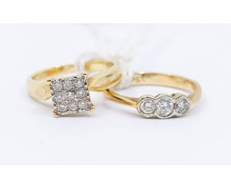 Two diamond set 9ct gold rings to include a diamond cluster, square grain set diamond setting, diameter approx. 6mm, total di