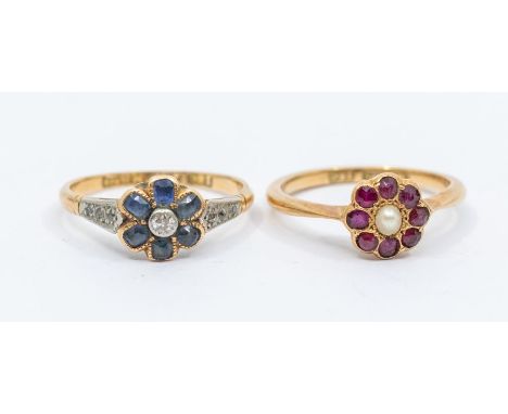 Two early 20th century gem set ring, comprising a sapphire and diamond 18ct gold flower cluster, set with oval cut sapphires 