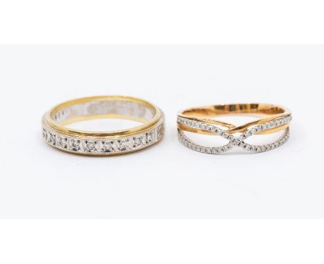 Two diamond set gold rings to include a rose gold double row cross over ring claw set with small diamonds, width approx. 5mm,