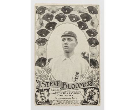 Derby County: A Derby County interest Steve Bloomer postcard, depicting Bloomer in an England kit with pictures of his caps, 