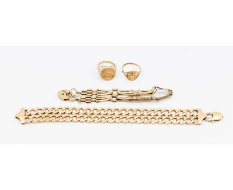 A 9ct gold link bracelet a/f clasp detached, along with a fine link 9ct gold gate bracelet and two 9ct gold coin style rings,