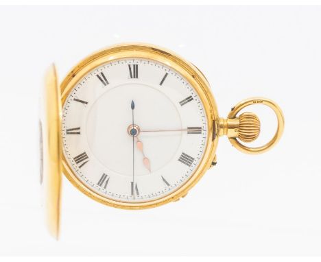 An early 20th century 18ct gold half hunter pocket watch, white enamel dial, with black roman numerals and outer seconds trac