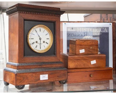 An early 20th Century mahogany cased mantel clock by H Marc of Paris, white enamel dial with Roman numerals, on stepped base 