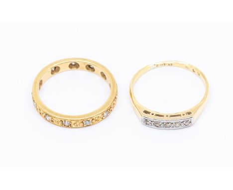 Two 18ct gold and diamond set rings, comprising a five stone ring, grain set with a row of  small diamonds size M, (wear to b