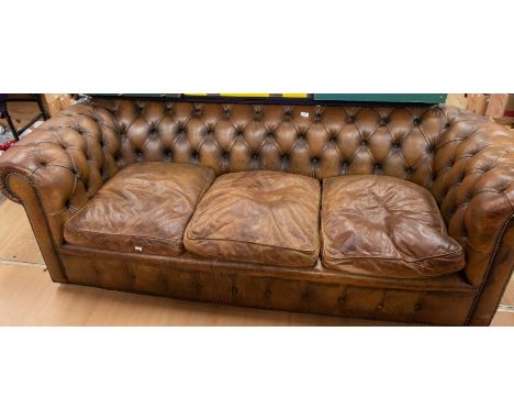 Mid 20th Century light brown leather three seater button back sofa Chesterfield