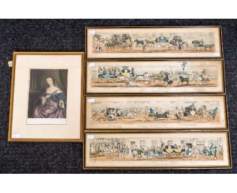 Four 19th century prints of carriage travelling and print of a 19th century lady.