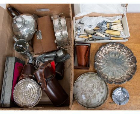 A collection of silver plate, EPNS, base metal and pewter to include: set of three spirit flasks in fitted leather case; drin