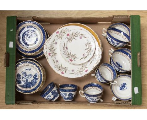 A Booths 'Real Old Willow' pattern 'A8025' part tea service, comprising cups, saucers, side plates, soup bowls, dinner plates