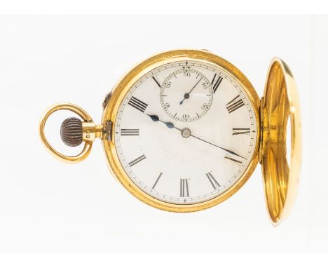 A late 19th early 20th C H Bernstein Manchester, 18ct gold half hunter pocket, white enamel with roman numeral number markers