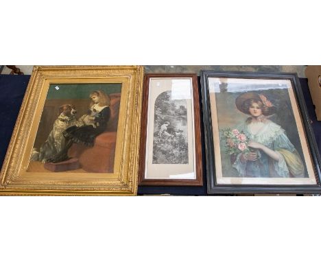 Large gilt gesso frame with print of Victorian girl and dog along with another print of a lady and white print.
