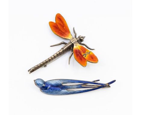 Meyle & Mayer- a blue enamel swallow brooch, circa 1900, German by Meyle & Mayer, length approx. 80mm, along with an enamel a