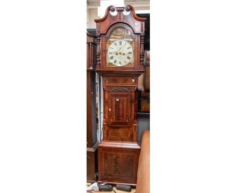 George III longcase clock in rose mahogany case, arch dial, with hunting scene painted dial, Wilisbury of Ashby De La Zouch, 