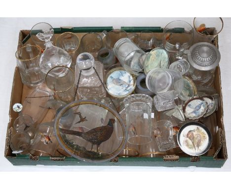 A collection of glass to include: tumblers, tankards, decanter, paperweights all etched or painted with Pheasants (1 box)&nbs