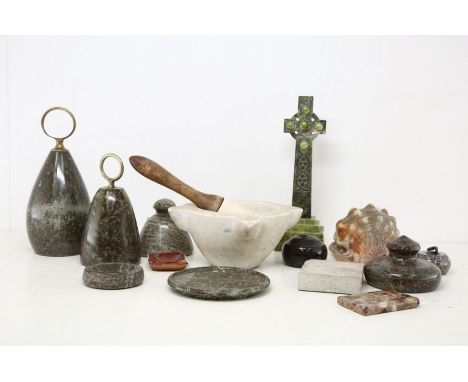 A collection of marble and other materials to include: Celtic cross (section of lower back support broken), mortars, ashtrays