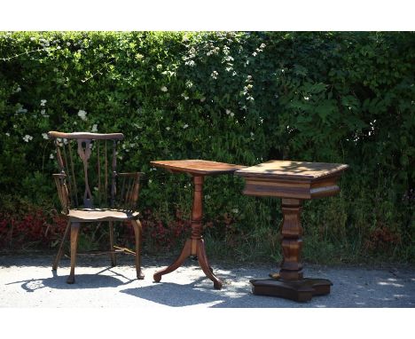 A collection of furniture comprising a 19th Century pedestal work table with a hinged section, a 19th Century tripod table ra