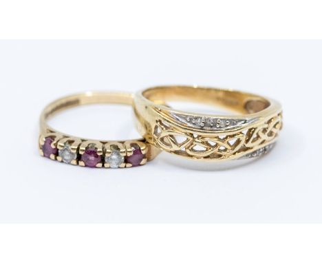 A 9ct gold and diamond band, the centre comprising Celtic open work decoration, the edge with small diamonds, size R, along w