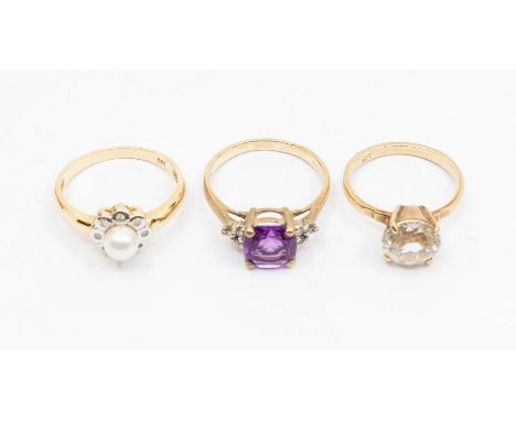 Three gold and gem set rings, to include a 14ct gold diamond and pearl set cluster ring, size P, total gross weight approx. 2