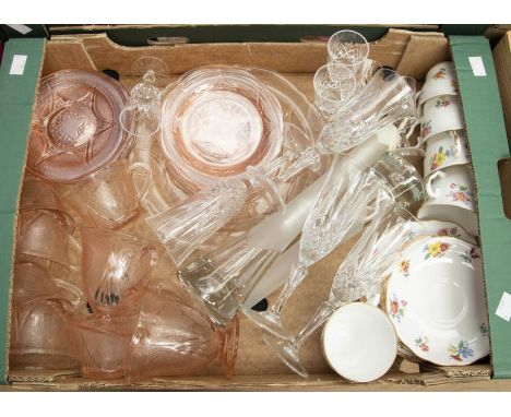 A collection of assorted glass and ceramics, including mid 20th century pale pink pressed glass, glass cups and saucers, some