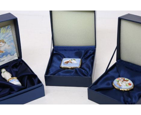A group of three Border enamel boxes from The Snowman series (3), boxed&nbsp;