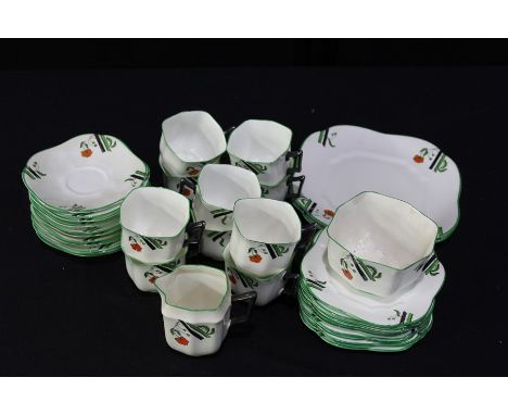 Fenton Paladin China tea service, with black and green bands and orange flower decoration on a white ground, consisting of te