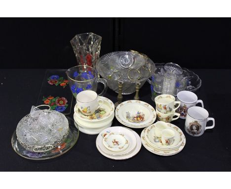 Royal Doulton Bunnkykins dinner wares to include two tea cups and saucers, three side plates, four bowls, collection of glass