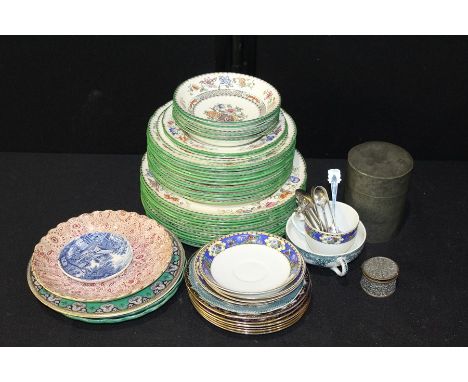 Copeland Spode Chines Rose pattern dinner service, Kut Hing pewter tea caddy, two green cabbage pattern plates etc. (qty)