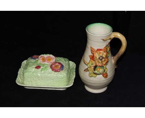 Clarice Cliff 'My Garden' pattern jug together with a Melba Ware butter dish (2)