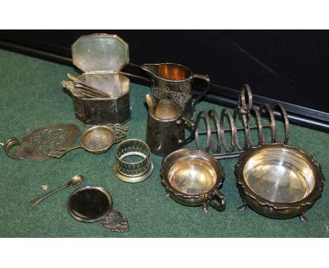 Plated wares, to include milk jug, sugar bowl, toast rack, tea caddy, strainer etc. (qty)