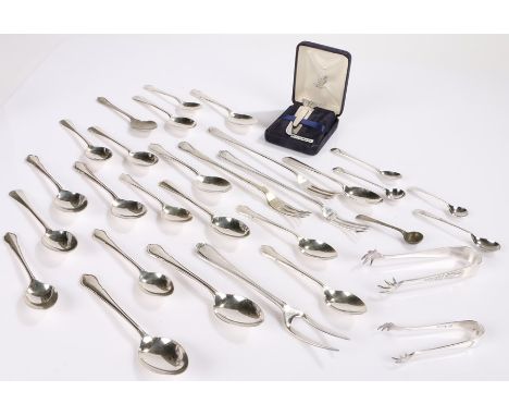Elizabeth II silver bookmark, Birmingham 1990, maker D.P, with butterfly form finial, plated pickle forks, sugar tongs, tea s