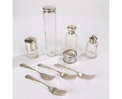 Collection of silver and plated items, to include three silver caped bottles, a silver napkin ring, a pated pepper and flatwa