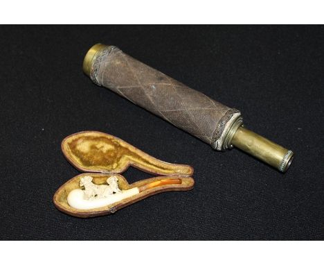 19th Century telescope, together with a carved meerschaum pipe with spaniels to the top, cased, (2) 
