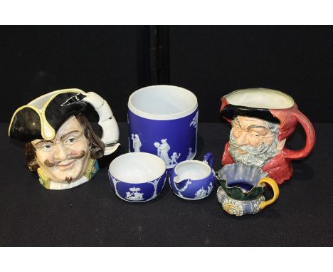 Royal Doulton character jugs, Sir John Falstaff, Capt. Henry Morgan, Wedgwood blue jasperware jardiniere, bowl and milk jug, 