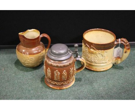 19th Century salt glazed pottery mug, with greyhound handle, the body decorated with a hunting scene, similar Doulton Lambeth