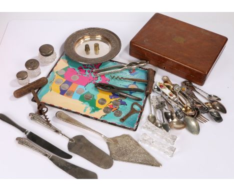 Silver and plated wares, to include silver lidded glass containers, a plated dish, flatware, a coin set, an oak cutlery box, 