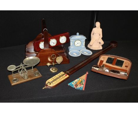 Mixed objects, to include a Wedgwood jasper clock, barometer, a tray, Johnson scales, a fan, etc, (qty)
