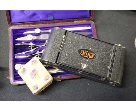 Ensign camera, together with a miniature Psalms book, and a H R Harling instrument set, (3)