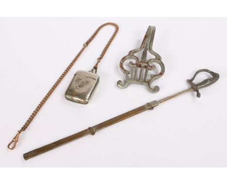 Miniature sword letter opener, together with a harp &amp; vesta with chain, (4)