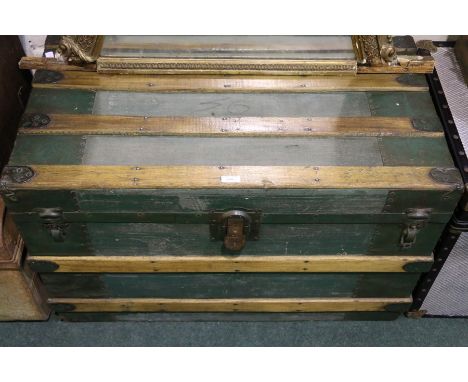 Green canvas covered Steamer Trunk, 87cm in width