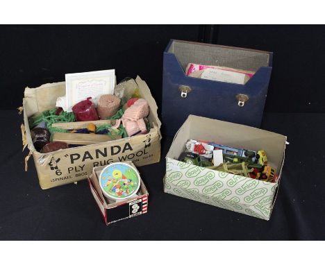 Mixed lot of coloured wool, a collection of toy vehicles, Smiths 'Noddy' clock and a selection of 78's (qty)
