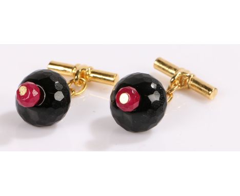 Pair of  agate and ruby mounted gilt cufflinks