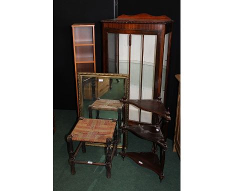 Furniture, to include a display cabinet a corner shelf, a narrow case, stool and mirror, (5)