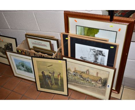 PAINTINGS AND PRINTS etc to include a watercolour of a thatched cottage, signed H. J Aveling 1930, watercolour river landscap