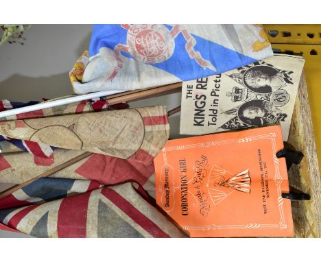 SEVEN VINTAGE FLAGS AND TWO BOOKLETS, to include 'The King's Reign Told in Pictures' (King George V), the 'Sunday Mercury Cor