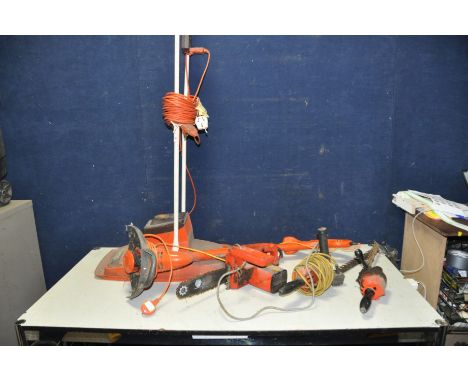 A FLYMO POWERTRIM STRIMMER (PAT pass and working), a vintage Flymo lawn mower, two vintage hedge trimmers and a vintage elect